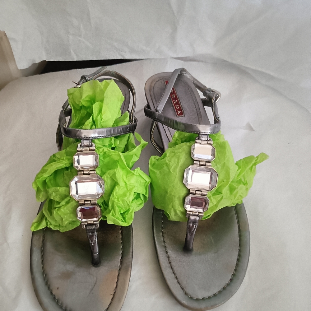 Prada Silver metallic Jeweled  Sandals size 38